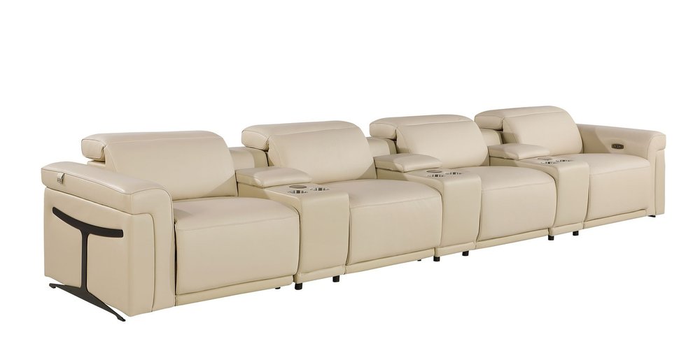166" Beige Top Grain Leather Reclining Metal USB Sofa