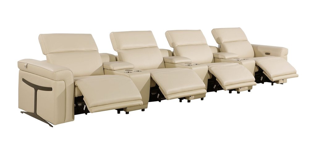 166" Beige Top Grain Leather Reclining Metal USB Sofa