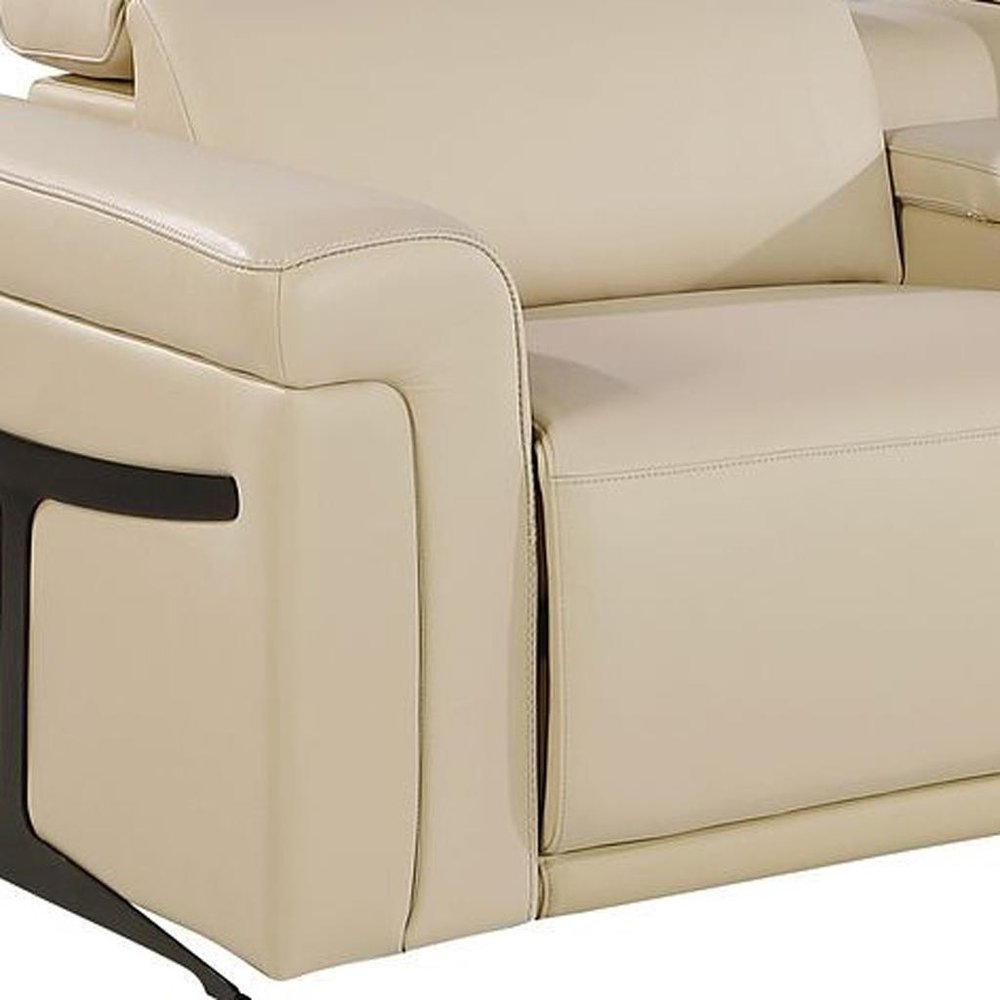 166" Beige Top Grain Leather Reclining Metal USB Sofa