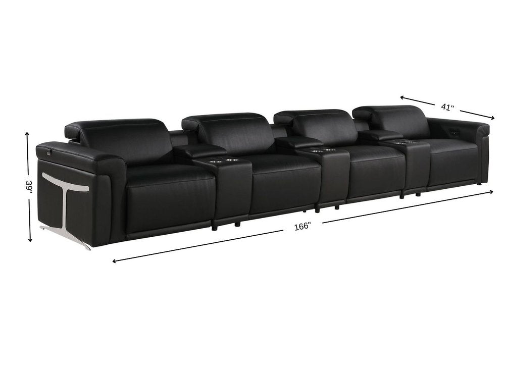 166" Beige Top Grain Leather Reclining Metal USB Sofa