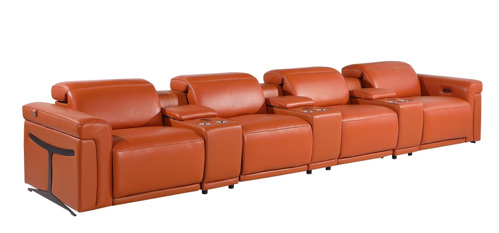 166" Beige Top Grain Leather Reclining Metal USB Sofa