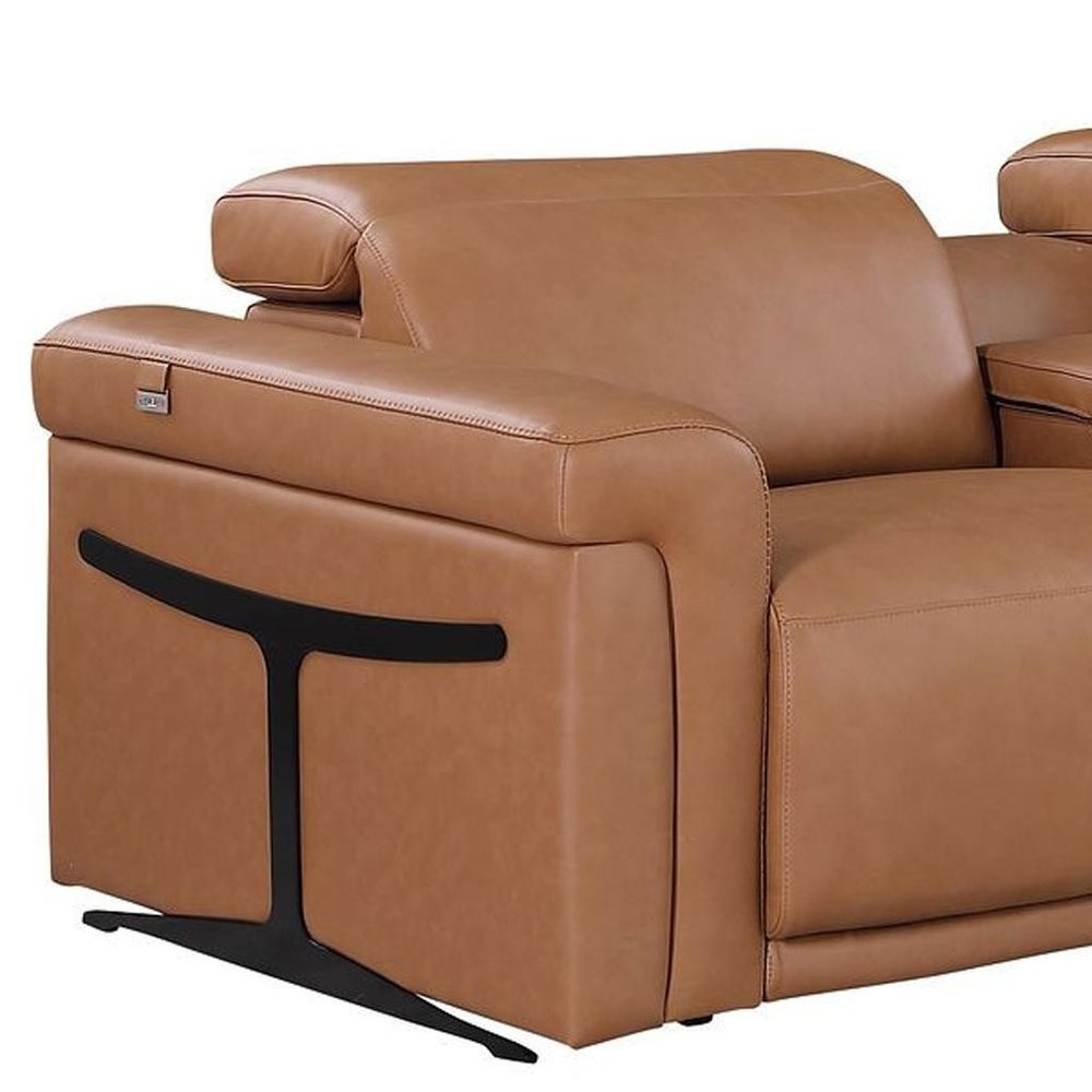 166" Beige Top Grain Leather Reclining Metal USB Sofa