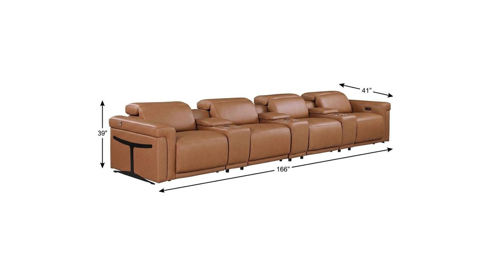 166" Beige Top Grain Leather Reclining Metal USB Sofa