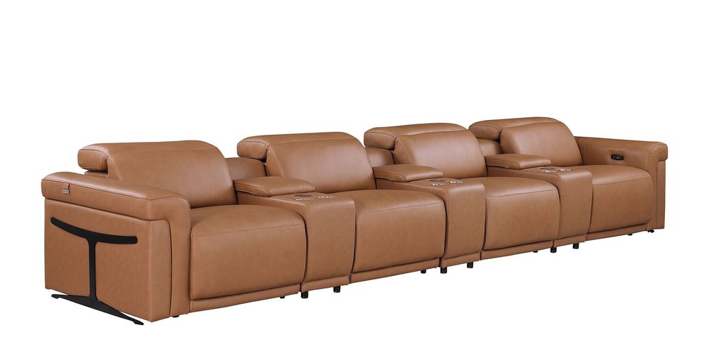 166" Beige Top Grain Leather Reclining Metal USB Sofa