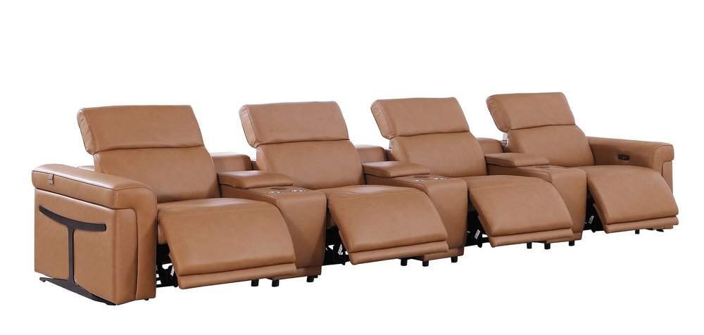 166" Beige Top Grain Leather Reclining Metal USB Sofa