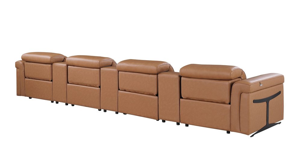 166" Beige Top Grain Leather Reclining Metal USB Sofa