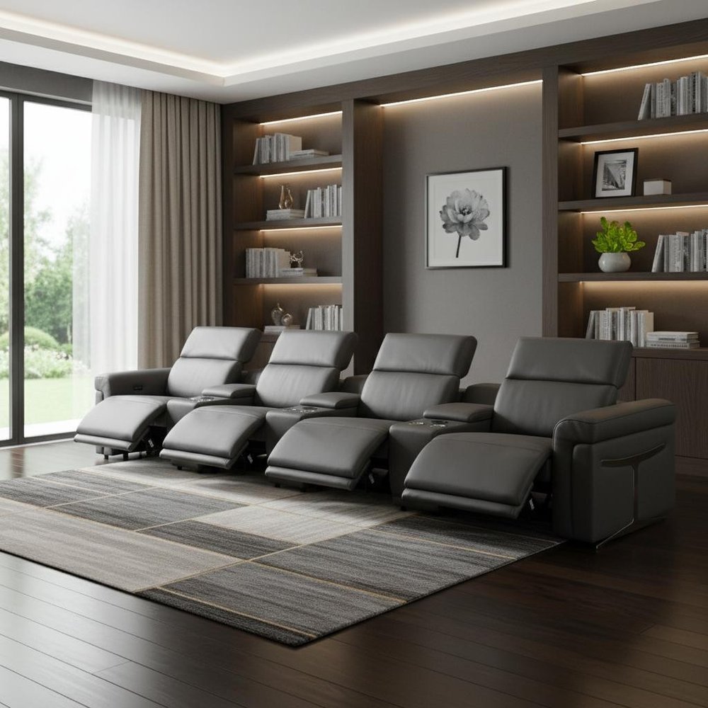 166" Beige Top Grain Leather Reclining Metal USB Sofa