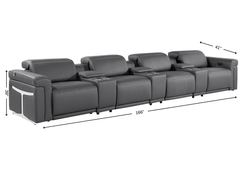 166" Beige Top Grain Leather Reclining Metal USB Sofa