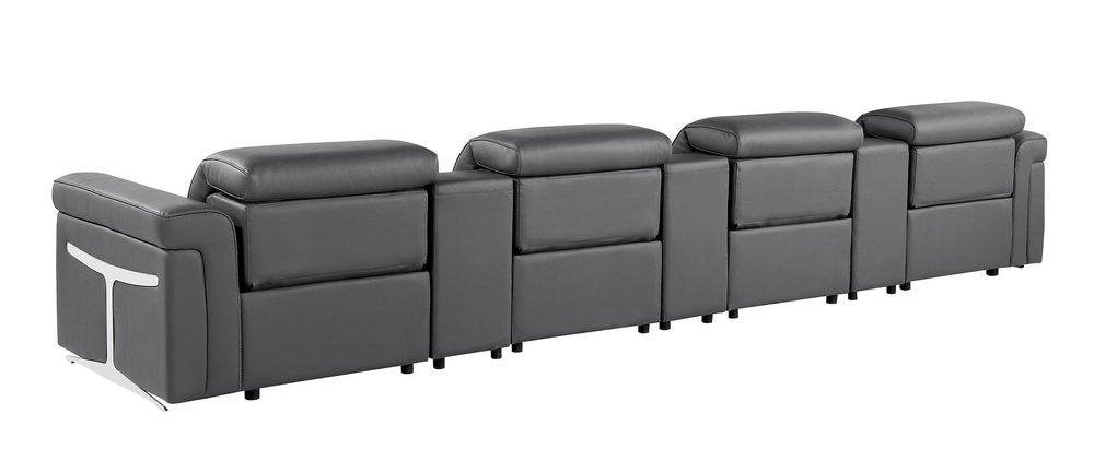 166" Beige Top Grain Leather Reclining Metal USB Sofa