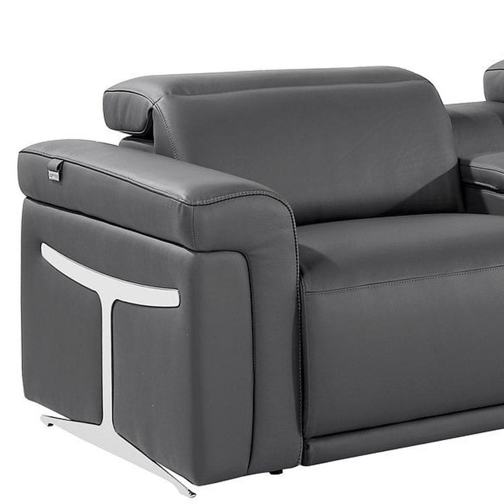 166" Beige Top Grain Leather Reclining Metal USB Sofa