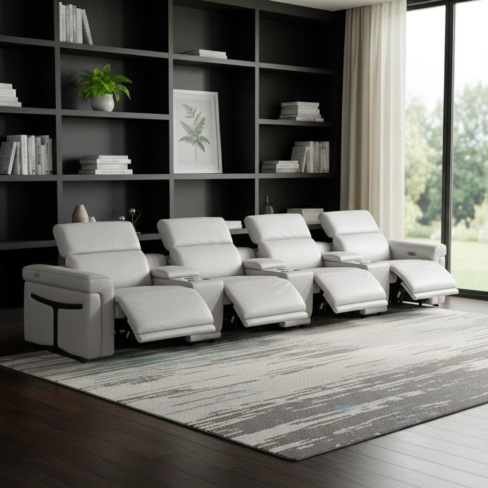 166" Beige Top Grain Leather Reclining Metal USB Sofa