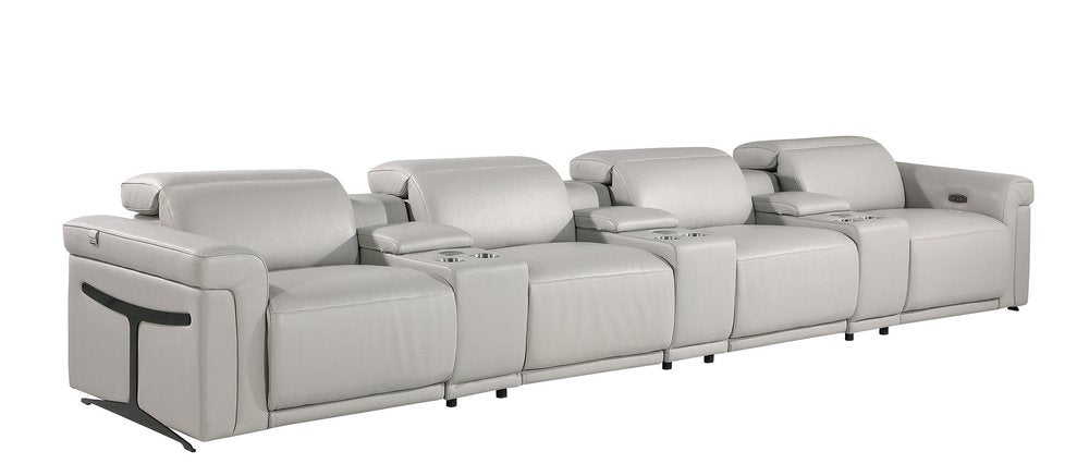 166" Beige Top Grain Leather Reclining Metal USB Sofa