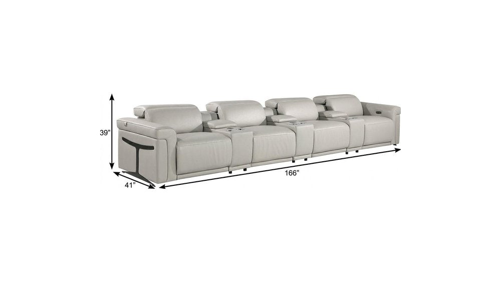 166" Beige Top Grain Leather Reclining Metal USB Sofa