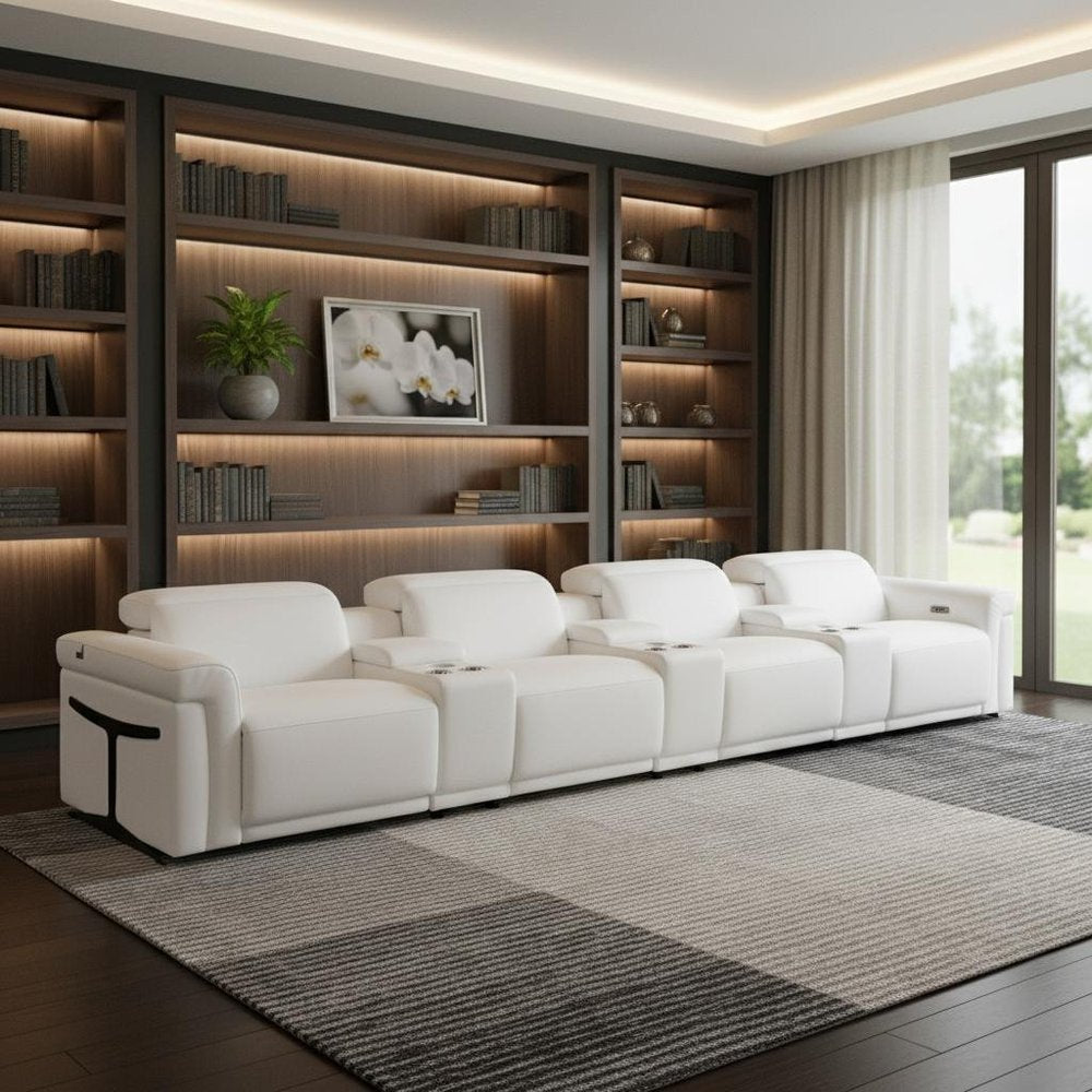 166" Beige Top Grain Leather Reclining Metal USB Sofa