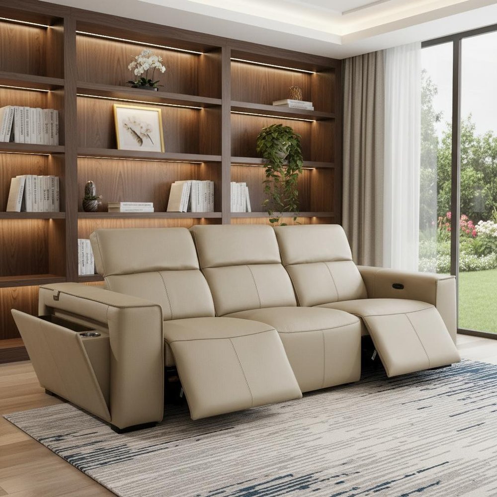 104" Beige Top Grain Leather Reclining Metal USB Sofa