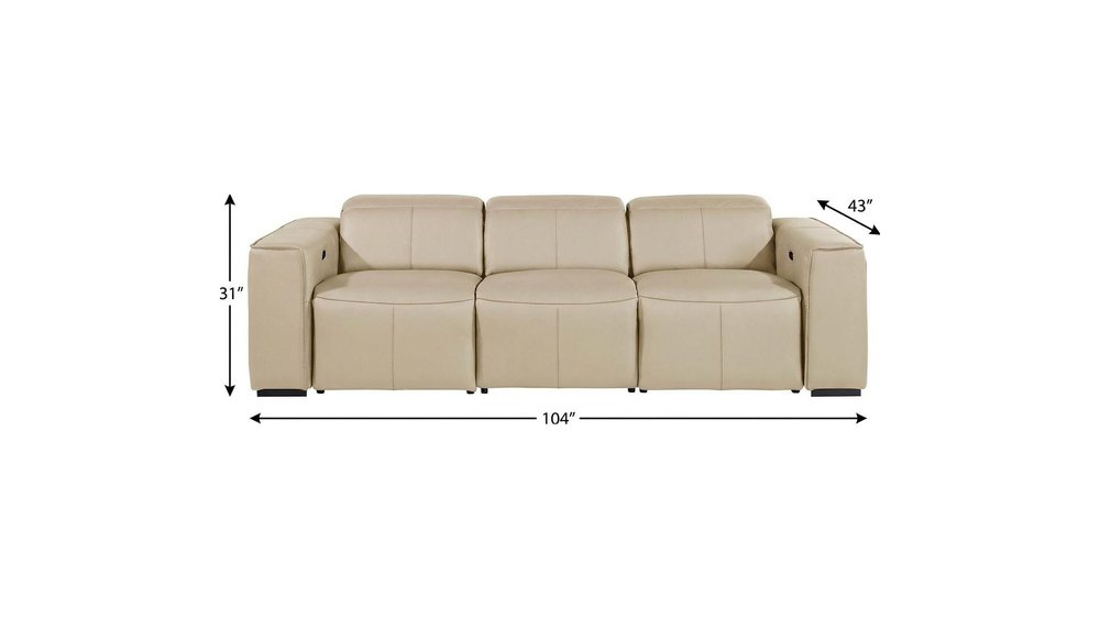 104" Beige Top Grain Leather Reclining Metal USB Sofa