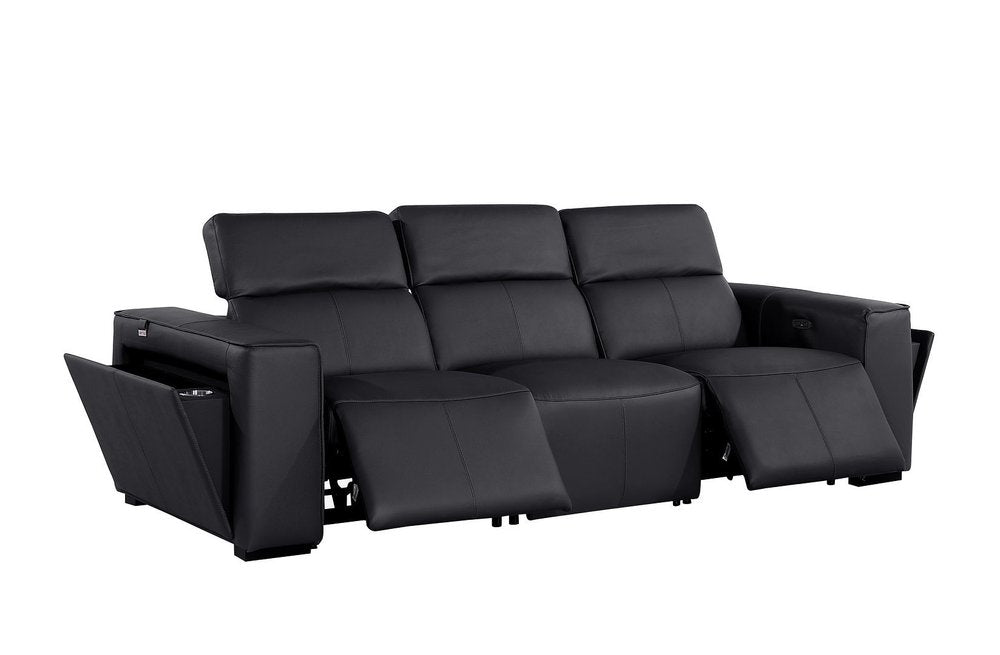 104" Beige Top Grain Leather Reclining Metal USB Sofa