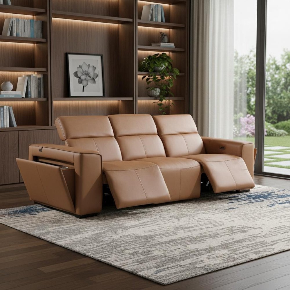 104" Beige Top Grain Leather Reclining Metal USB Sofa
