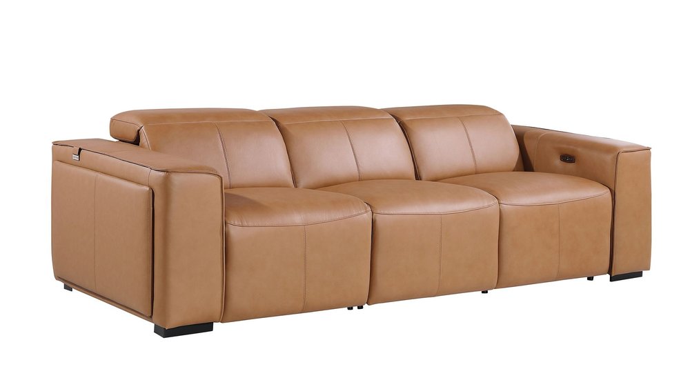 104" Beige Top Grain Leather Reclining Metal USB Sofa