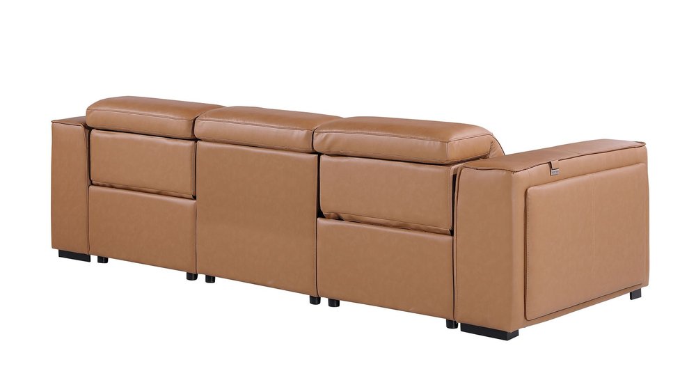 104" Beige Top Grain Leather Reclining Metal USB Sofa