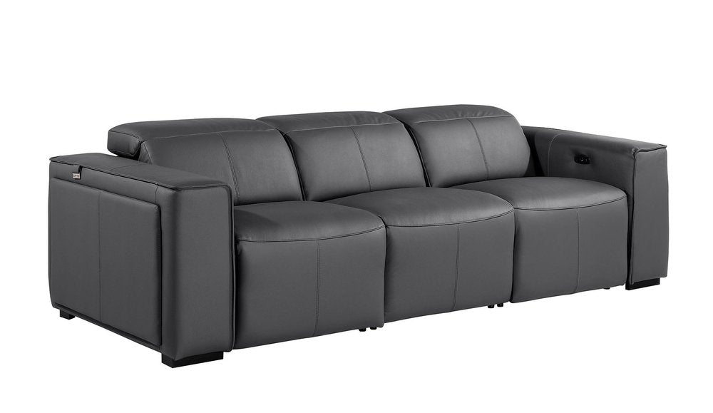 104" Beige Top Grain Leather Reclining Metal USB Sofa