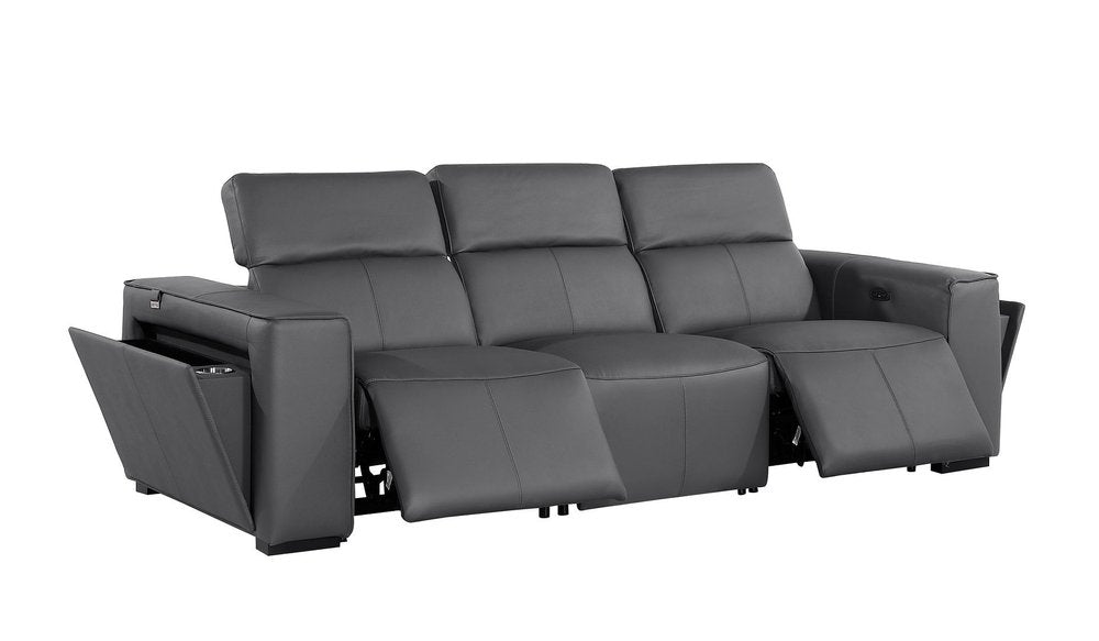 104" Beige Top Grain Leather Reclining Metal USB Sofa