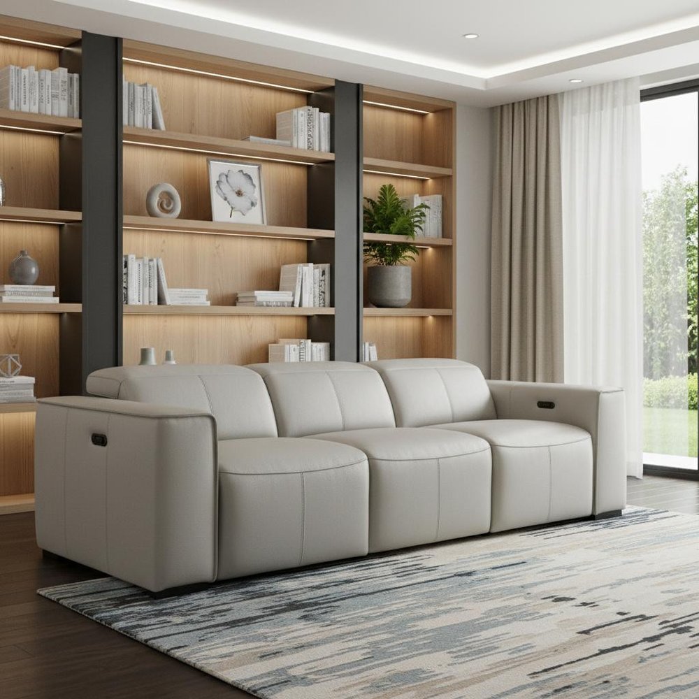 104" Beige Top Grain Leather Reclining Metal USB Sofa