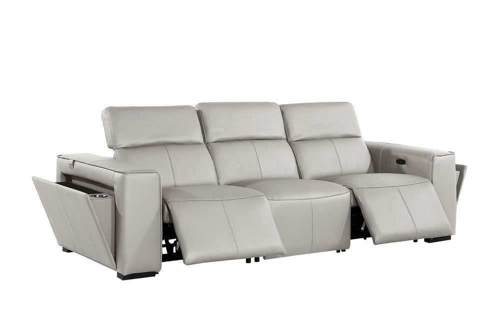 104" Beige Top Grain Leather Reclining Metal USB Sofa