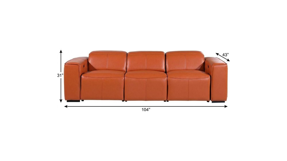 104" Beige Top Grain Leather Reclining Metal USB Sofa