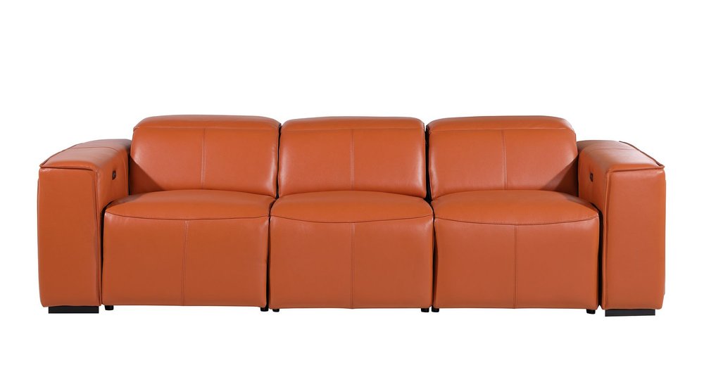 104" Beige Top Grain Leather Reclining Metal USB Sofa