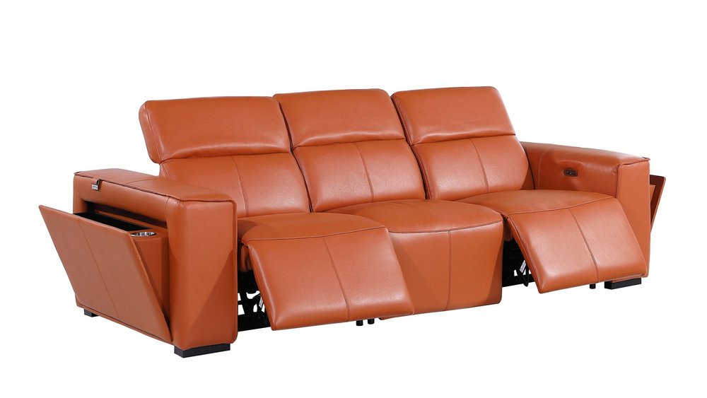 104" Beige Top Grain Leather Reclining Metal USB Sofa