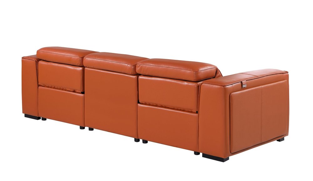 104" Beige Top Grain Leather Reclining Metal USB Sofa