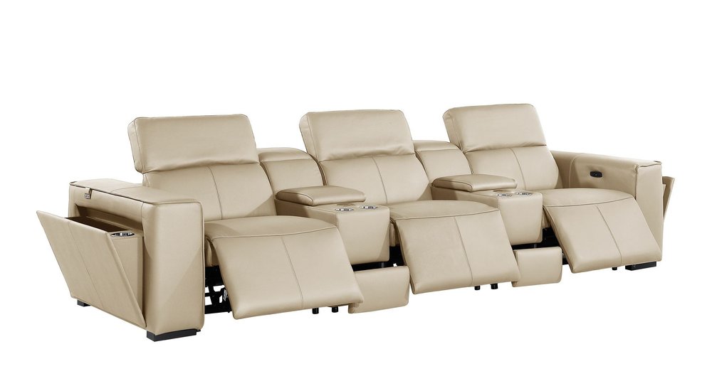 130" Beige Top Grain Leather Reclining Metal USB Sofa