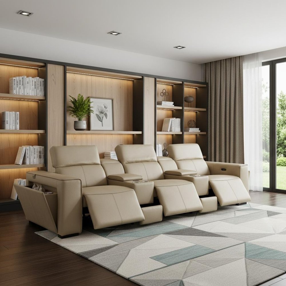 130" Beige Top Grain Leather Reclining Metal USB Sofa