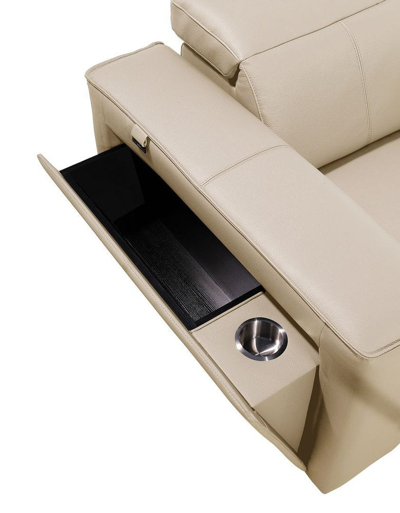 130" Beige Top Grain Leather Reclining Metal USB Sofa