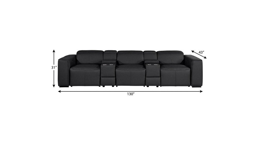 130" Beige Top Grain Leather Reclining Metal USB Sofa