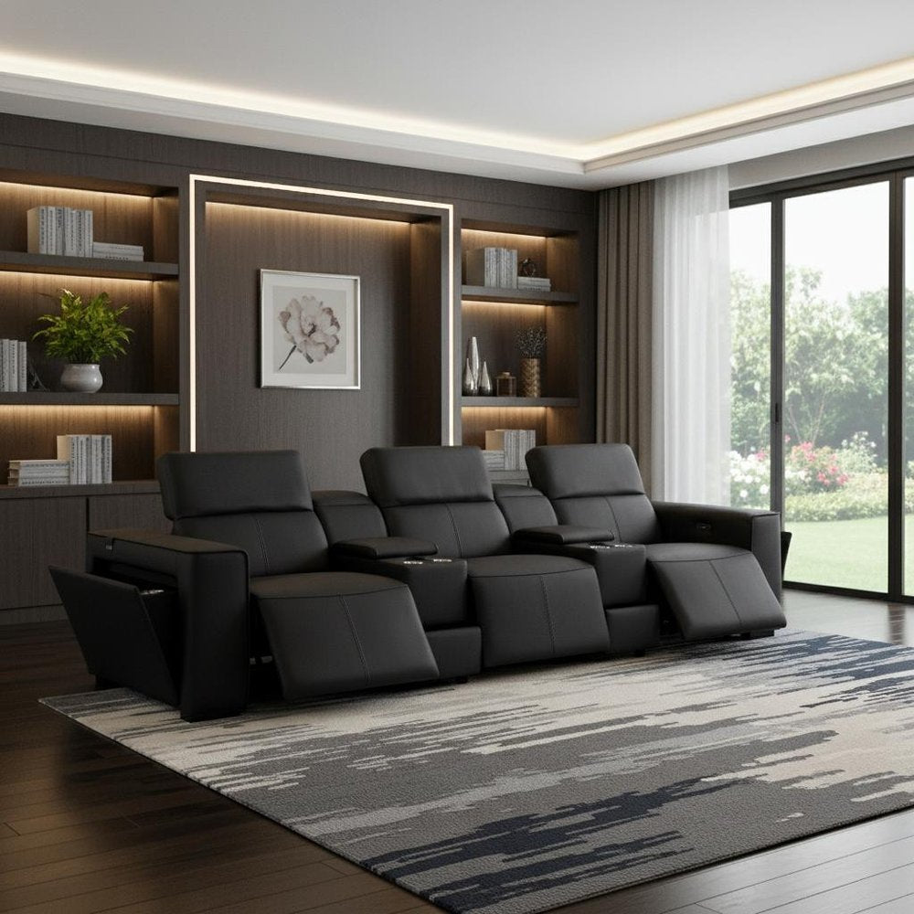 130" Beige Top Grain Leather Reclining Metal USB Sofa