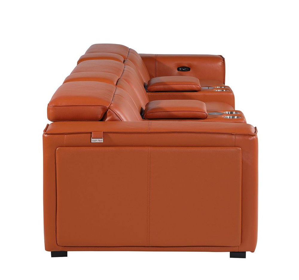 130" Beige Top Grain Leather Reclining Metal USB Sofa