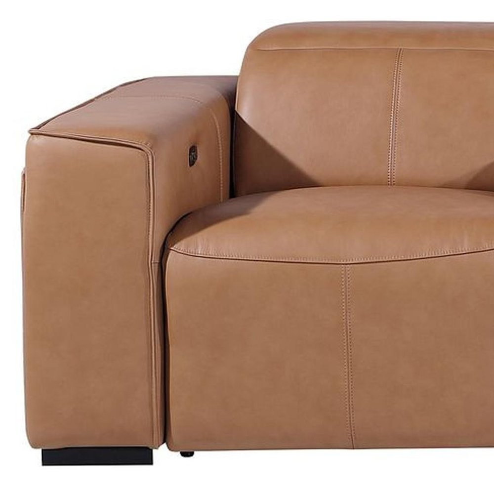 130" Beige Top Grain Leather Reclining Metal USB Sofa