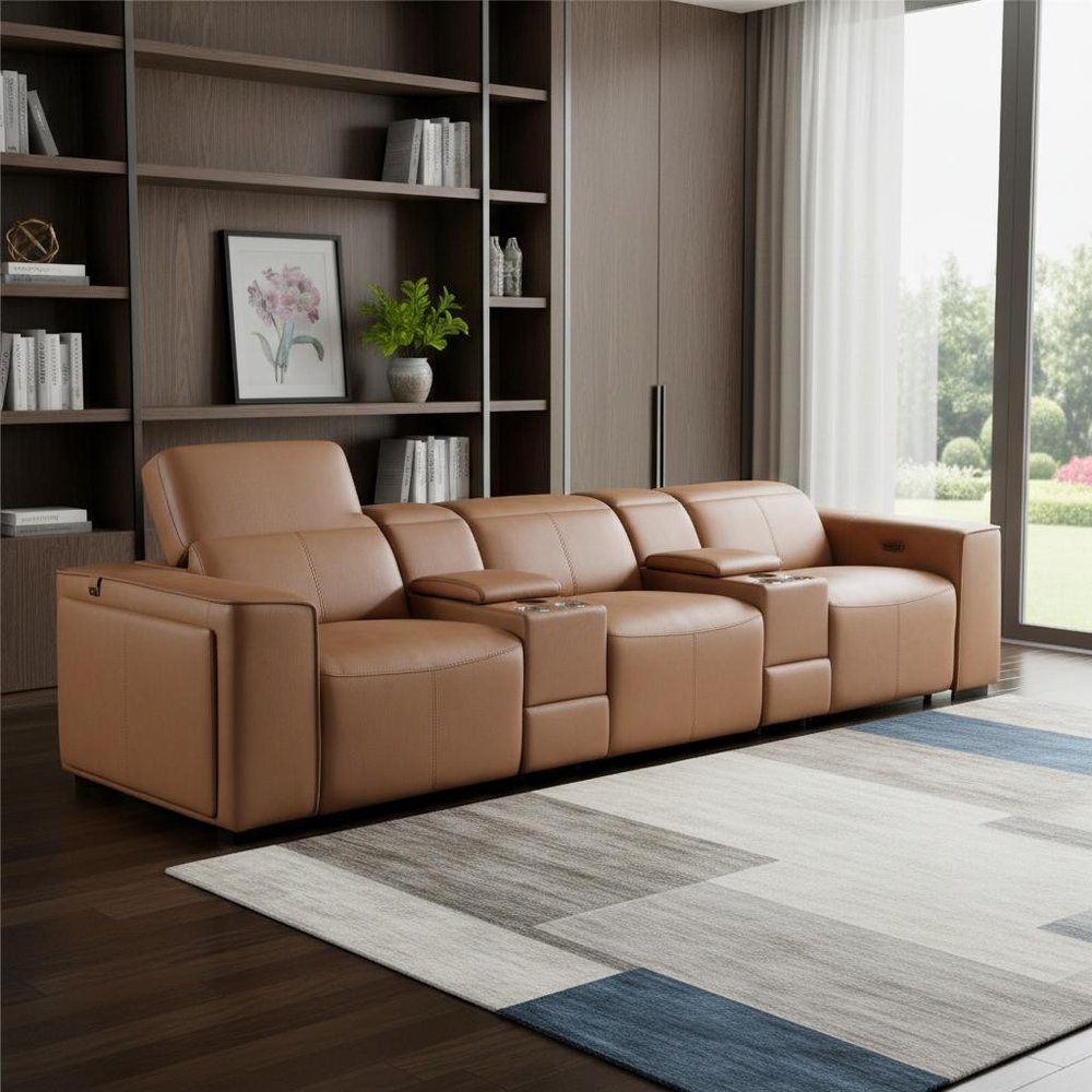 130" Beige Top Grain Leather Reclining Metal USB Sofa