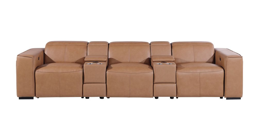 130" Beige Top Grain Leather Reclining Metal USB Sofa