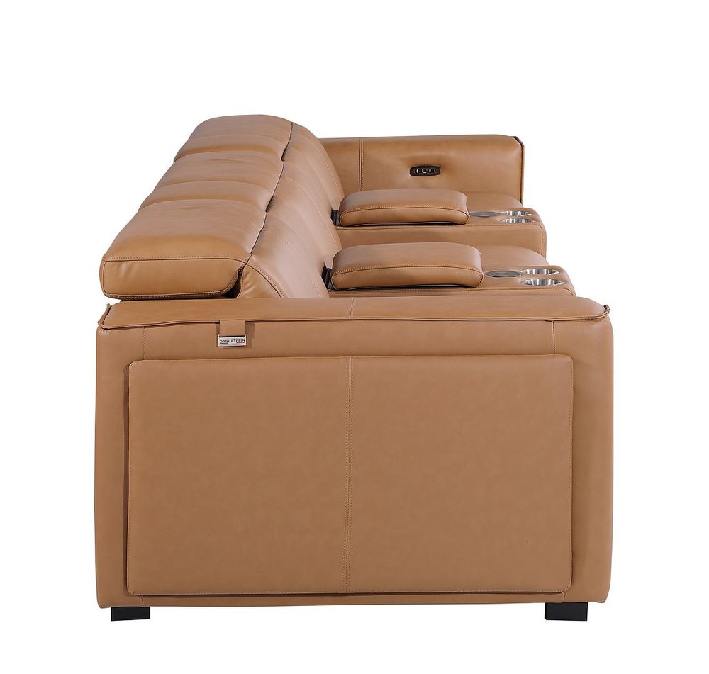 130" Beige Top Grain Leather Reclining Metal USB Sofa