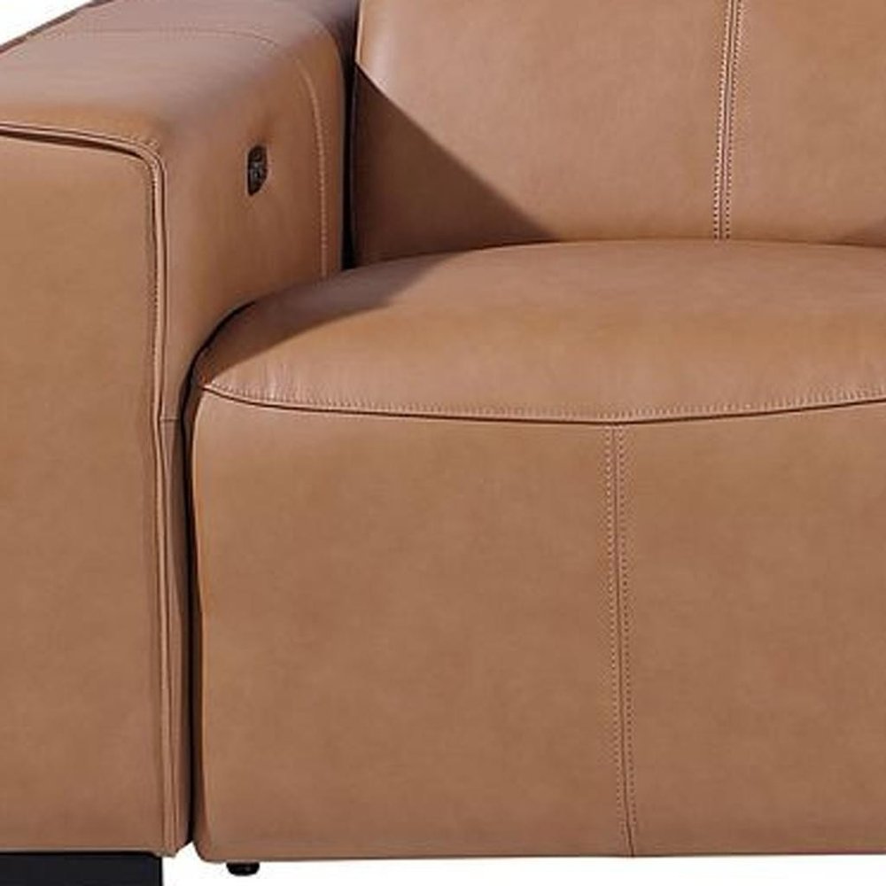 130" Beige Top Grain Leather Reclining Metal USB Sofa