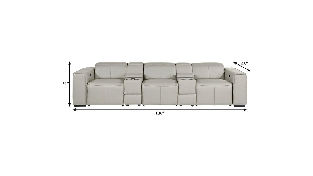 130" Beige Top Grain Leather Reclining Metal USB Sofa