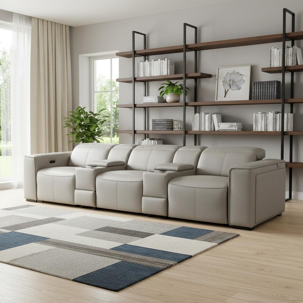 130" Beige Top Grain Leather Reclining Metal USB Sofa
