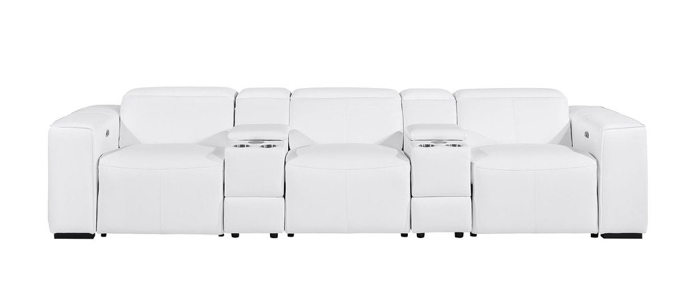 130" Beige Top Grain Leather Reclining Metal USB Sofa