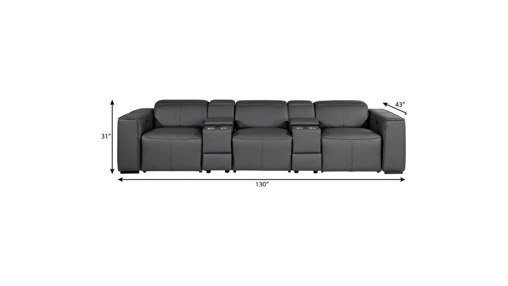 130" Beige Top Grain Leather Reclining Metal USB Sofa