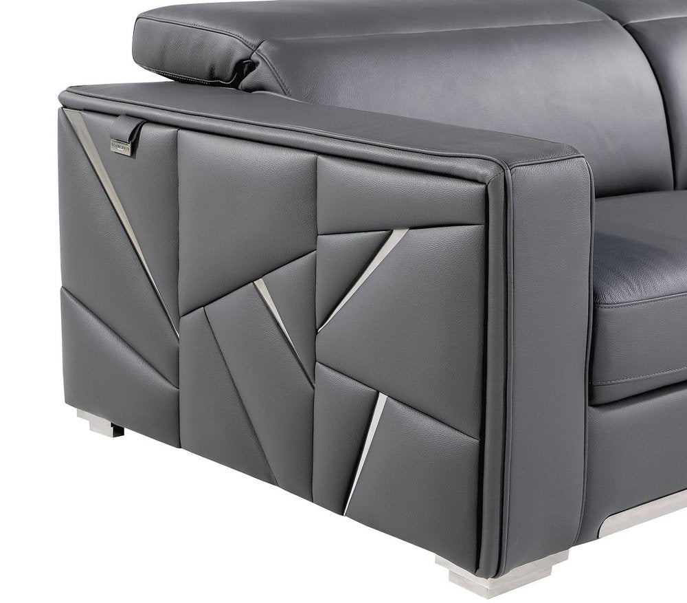 89" Dark Gray Top Grain Leather Reclining Solid Wood Sofa