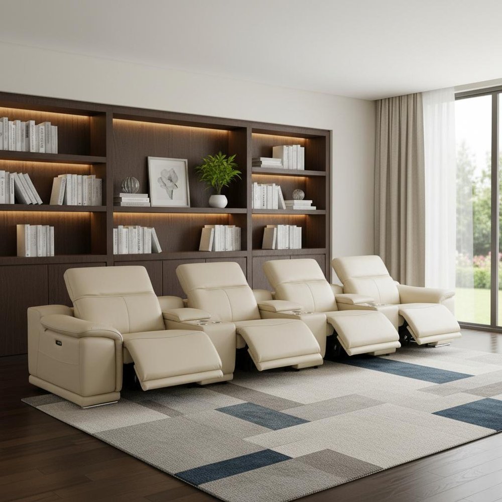 175" Beige Italian Leather Reclining Metal USB Sofa