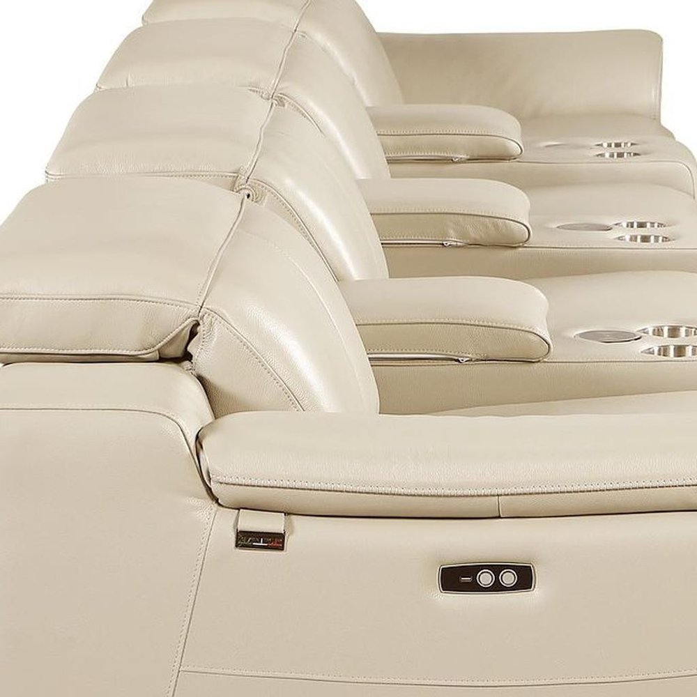 175" Beige Italian Leather Reclining Metal USB Sofa